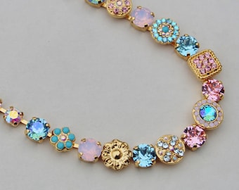 NEW Embellished Swarovski Tennis Necklace,Pastel Pinks,Blues,Floral Flower Crystal Tennis Necklace,Mixed Crystal,Stacking,Designer Inspired