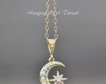 NEW Gold White Opal Moon Pendant,Celestial Opal Pave Crystal Charm Necklace,Dainty Small Gold Filled Necklace,October Birthstone,Gemstone