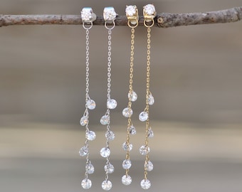 Silver,Gold,or Rose Gold CZ Waterdrop Earrings,Long Chain Earrings,Cubic Zirconia Chain Drop Dangle,Bridal,Minimalist,Lightweight,Stud