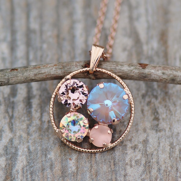 NOUVEAU Pendentif cercle en or rose fard à joues nude, collier à pendentif géométrique en cristaux mélangés, rose sombre vintage, fard à joues mat, cappuccino de Lite, superposition