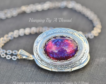 RARE Silver & Dragons Breath Opal Locket Necklace,Rare Vintage Fire Opal Jewelry,Silver Floral Oval Pendant,Keepsake,Womens Jeweled Locket