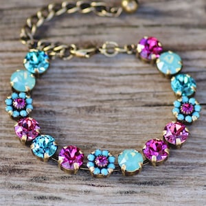 Aqua Turquoise Fuchsia Pink Floral Embellished Bracelet,Swarovski Crystal Rhinestone Tennis Bracelet,Flower Floral,Mixed Crystal,8mm