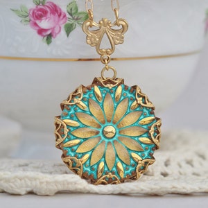 NEW Aqua Golden Shimmer Button Necklace,Aqua Turquoise Blue,Filigree Wrapped Vintage Czech Glass Button,Long,Gold,Layering,Pendant,Gift