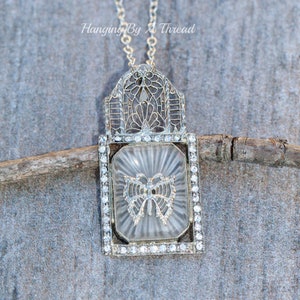STUNNING 14K White Gold Vintage Camphor Glass Necklace,Delicate Filigree Camphor Glass Pendant,Unique,Gift For Her,Frosted Sunray Glass,Old
