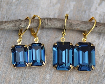 CHOOSE Size Navy Blue Octagon Crystal Earrings,Rhinestone,Montana Sapphire Drop Dangle,Gold/Silver Lever Back,Emerald Cut Jewel,Rectangle
