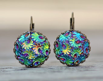 ALmOsT GONE JeT AB Carnival Glass Earrings,Dark Rainbow Jewel Toned,Crown Set Antique Brass Lever Back,Gift For Her,Unique,Dangle,Paisley