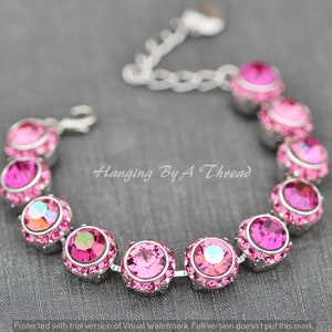 LIMITED Swarovski Rose Silver Rondelle Bracelet,Stacked Crystal Tennis Bracelet,Fuchsia Pink Rose Glacier,Layered Rhinestone,12mm Large
