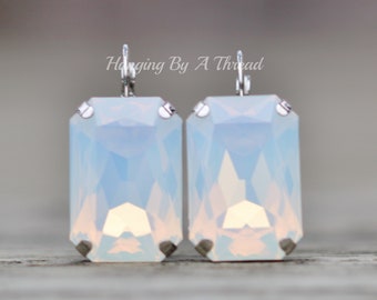 ULTIMO PAIO Orecchini in opale bianco con ottagono Swarovski e strass, opale bianco, grande rettangolo, leva posteriore in argento, goccia di cristallo di strass, dichiarazione