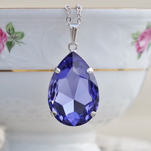 NEW COLOR Tanzanite Purple Large Pear Pendant,Swarovski Crystal Rhinestone Necklace,Long Layering Layer Necklace,Deep Purple Blue,Silver