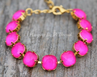 LIMITED Electric Neon Pink Cushion Bracelet,Square Crystal Rhinestone Tennis Bracelet,Bright Neon Pink,Gold,Layering,Stacking,Trendy,Gift