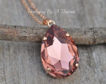 NEW COLOR Swarovski Blush Rose Large Pear Pendant,Pear Teardrop Pendant Necklace,Rose Gold,Stacking Layering,Blush Pink Peach Crystal,Gift