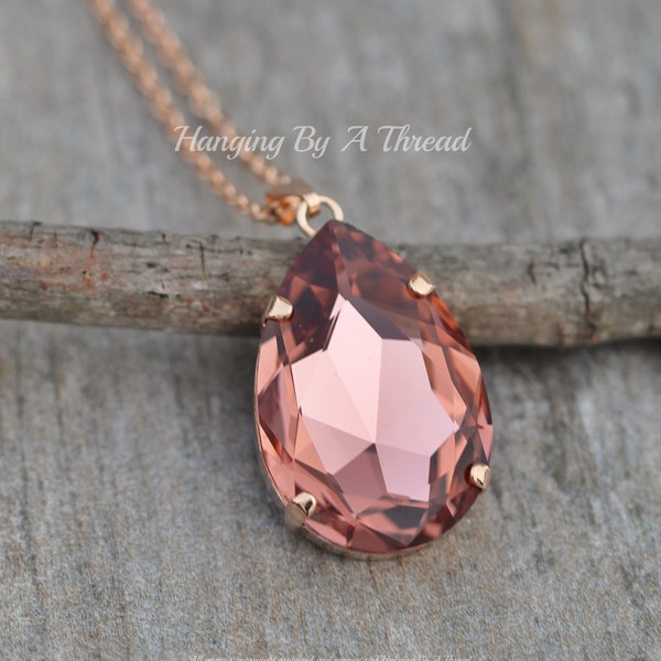 NEW COLOR Swarovski Blush Rose Large Pear Pendant,Pear Teardrop Pendant Necklace,Rose Gold,Stacking Layering,Blush Pink Peach Crystal,Gift