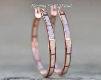 LARGE Pink Opal Rose Gold Hoop Earrings,Lab Created Opal Endless Hoop,Rose Gold Big Hoop Earrings,Lab Created Opal,Pink Rainbow,Rose Hoop