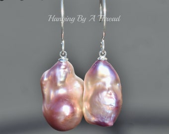 Genuine Blush Pink LARGE Baroque Pearl Earrings,Real Pearl,Mauve Pink Purple Sterling Silver Fresh Water Pearl Drop Earrings,June Birthstone