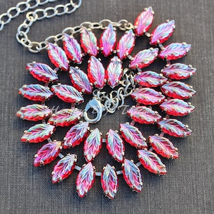 ONLY 1 Vintage Ruby AB Leaf Shaped Navette Necklace,West German Carved Rhinestone,Marquise Tennis Necklace,Textured Antique Choker,Shimmer