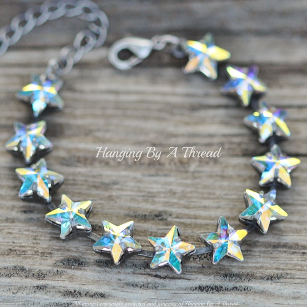 NEW Crystal AB Star Tennis Bracelet,Crystal Aurora Borealis,Pastel Rainbow,Star Shaped Crystal Bracelet,Antique Silver,Tennis Bracelet,Gift