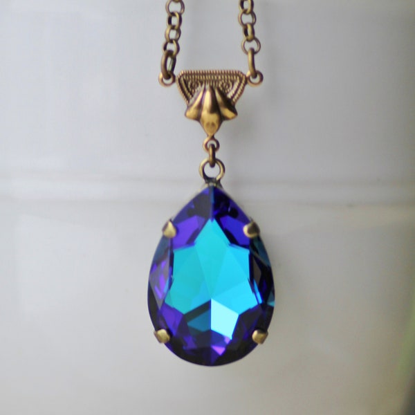 ALMOST GONE Vintage Heliotrope Rhinestone Pendant Necklace,Large Blue Purple Teardrop Pear Necklace,Statement,Blue Purple Rainbow,Layering