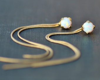 Tiny White Opal Gemstone Gold Threader Earrings,White Opal Stud Post,Long Gold Snake Chain,Front Back Earrings,Long Chain,Minimal