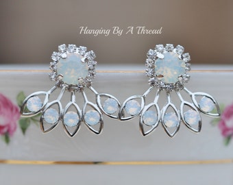 Swarovski White Opal Earring Jackets,Silver/Gold Stud Halo Earring Jacket,Rhinestone Crystal,Bridal Earrings,Gift For Her,Trendy,Unique