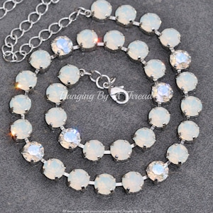 NEW White Opal & Moonlight Crystal Tennis Necklace,8mm Crystal Necklace,Silver White Opal,Bridal Wedding Necklace,Layering,Rhinestone,Gift