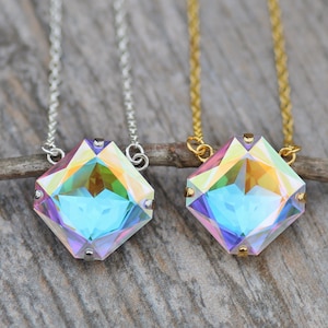 RARE Vintage Crystal AB Necklace,Large Cushion Cut Crystal Aurora Borealis,Swarovski Rhinestone Pendant,Silver Gold Necklace,Statement,OOAK