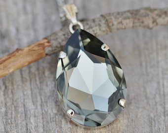 NEW COLOR Black Diamond Large Pear Pendant,Swarovski Crystal Rhinestone Necklace,Long Layering Necklace,Grey Gray,Silver,Gift For Her,Large