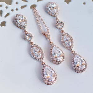 Rose Gold CZ Bridal Chandelier Earrings & Necklace Set,Choose Pendant Size,Pear Long Drop Earring,Stud Post,Halo Rose Gold,Bridal,Wedding