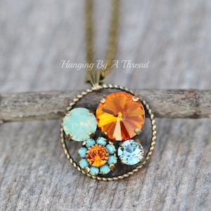 NEW Pacific Opal Tangerine Circle Pendant,Flower Mixed Crystal Geometric Pendant Necklace,Turquoise Aqua Blue,Orange,Antique Brass,Layering