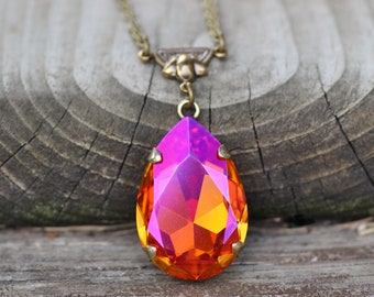 DISCONTINUED COLOR Astral Pink Large Pear Pendant,Swarovski Crystal Rhinestone Necklace,Long,Orange Pink Crystal,Antique Brass,Bronze,Gift