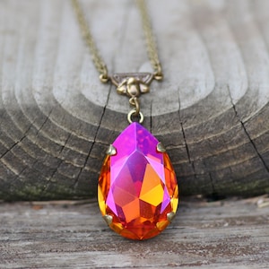 DISCONTINUED COLOR Astral Pink Large Pear Pendant,Swarovski Crystal Rhinestone Necklace,Long,Orange Pink Crystal,Antique Brass,Bronze,Gift