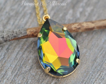 VERY LIMITED Crystal Sahara Large Pear Pendant,Swarovski Crystal Rhinestone Necklace,Green Yellow Rainbow Crystal,Gold,Gift For Her,Layering