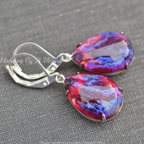LIMITED STOCK Vintage Dragons Breath Opal Earrings,Large Pear Teardrop Earrings,Silver,Dangle Drop Earring,Red Purple Glass Opal,Jelly Opal