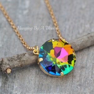 RARE Vitrail Medium Large Crystal Necklace,Stacking Layering Necklace,Gold Swarovski Crystal Pendant,27mm,Dark Rainbow,Jewel Toned,Gift,1201