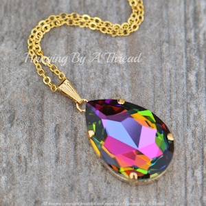 ALMOST GONE Vitrail Medium Large Pear Pendant,Swarovski Crystal Rhinestone Necklace,Long,Watermelon Rainbow Crystal,Gold,Gift For Her,Layer