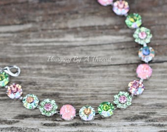 Swarovski Peridot Green Pink Tennis Link Bracelet,Silver 8mm Bracelet,Embellished Flower Link,Unique,Mint Green,Pastels,Spring,Rose Glacier