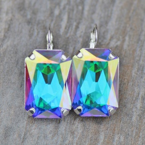 LARGE Crystal AB Octagon Swarovski Rhinestone Earrings,Aurora Borealis,Large Rectangle,Lever Back,Rhinestone Crystal Drop,Statement