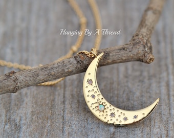 Large Gold White Opal Crescent Moon Necklace,Two Strand Double Layering Necklace,Crescent Moon Charm Pendant,Lab Created White Opal