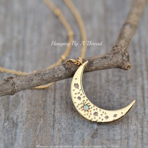 Large Gold White Opal Crescent Moon Necklace,Two Strand Double Layering Necklace,Crescent Moon Charm Pendant,Lab Created White Opal