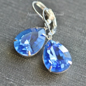 LIMITED Swarovski Sapphire Pear Drop Earrings,Rivoli Starburst Cut Jewel Earrings,Dangle Drop,Royal Blue Rhinestone,Silver Leverback,Gift