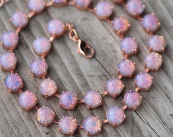 ROSE GOLD Vintage Glass Fire Opal Tennis Necklace,8mm Tennis Necklace,Harlequin Opal,Pastel Pink Opal Jewel,Stacking,Designer Inspired,Gift