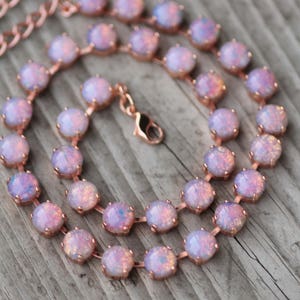 ROSE GOLD Vintage Glass Fire Opal Tennis Necklace,8mm Tennis Necklace,Harlequin Opal,Pastel Pink Opal Jewel,Stacking,Designer Inspired,Gift