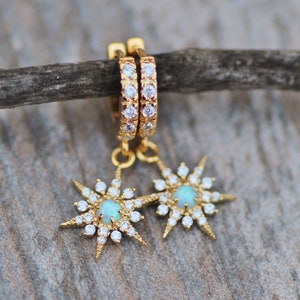 NEW Dainty Opal Star Earrings,Gold Huggie Hoop Earring,Tiny Gold Opal Charm,Pave Pave CZ Jewel Hoop,Minimalist,Cartilage Piercing,Celestial