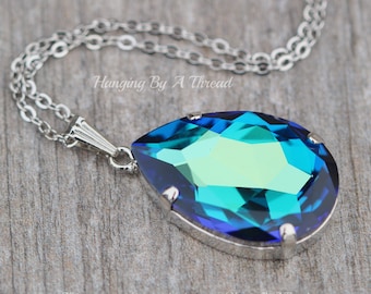 NIEUWE KLEUR Swarovski bermuda blauwe grote peer hanger, Swarovski 4327-ketting, lange peer traan, blauwgroene regenboog, zilveren ketting, cadeau