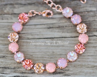 Peach Cobbler Swarovski Tennis Bracelet,8mm Crystal Rhinestone Bracelet,Coral Peach Salmon,Light Coral Pearl,Rosaline,Light Peach,Stacking