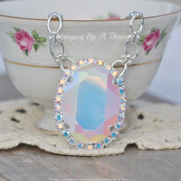 LIMITED! Large Swarovski White Opal AB Halo Necklace,Statement Large Oval Necklace,Crystal AB,Aurora Borealis,Shimmer Crystal,Silver,Layer