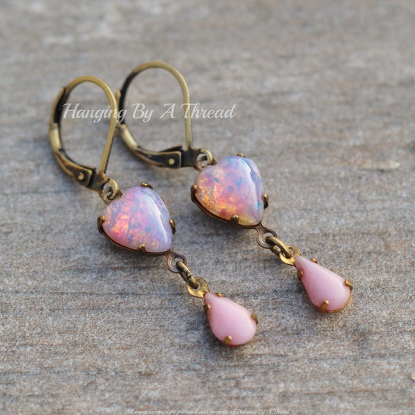 LIMITED Vintage Pink Fire Opal Heart Earrings,Small Opal Heart Dangle,Pale Pink Pastel,Antique Brass Lever Back,Opal Earring,Glass,Harlequin