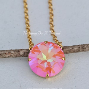 LIMITED Ultra Coral Reef AB Large Crystal Necklace,27mm Round Crystal Pendant,Large Round Rhinestone,Gold Layering Necklace,Peach Pink Coral