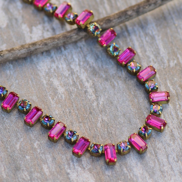LIMITED STOCK Vintage Fuchsia/Volcano Baguette Rhinestone Necklace,Tennis Necklace,Bright Hot Pink,Volcano Crystal,Antique Rhinestone,Gift