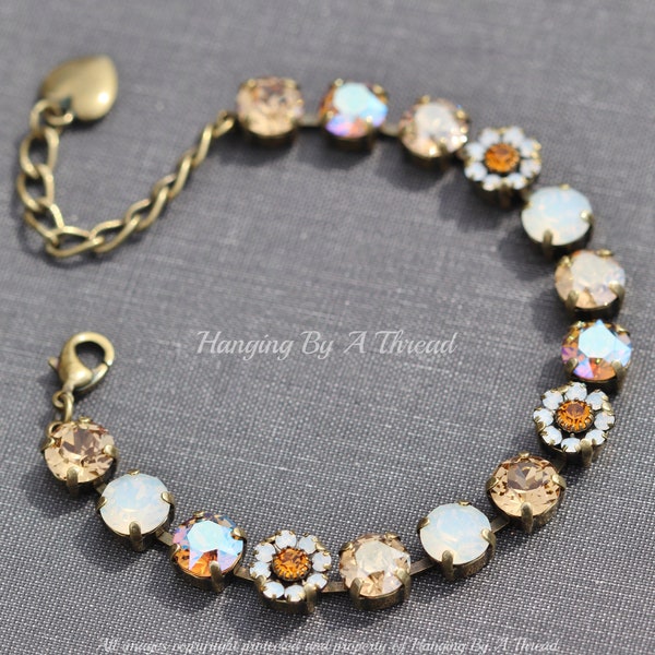 NEW White Opal & Topaz Bracelet,Flower Embellished Swarovski Crystal Bracelet,8mm Tennis Bracelet,Light Colorado Topaz,Shimmer,Beige,Floral