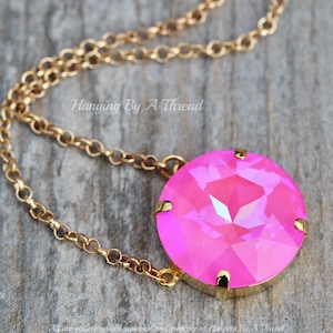 LIMITED Ultra Neon Pink AB Large Crystal Necklace,27mm Round Crystal Pendant,Large Round Rhinestone,Gold Layering Necklace,Bright Pink